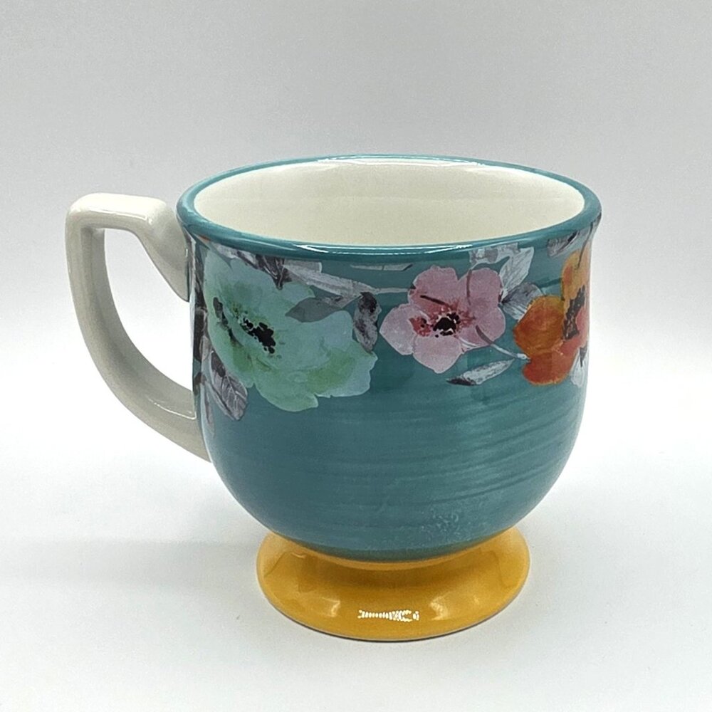 Pioneer Woman Flea Market Floral Turquoise Yellow Footed Stoneware Coffee Mug